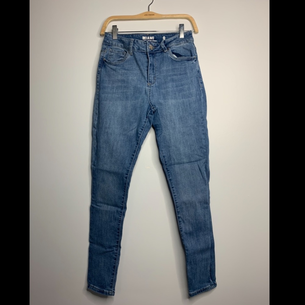 High waisted medium wash skinny jeans with stretch